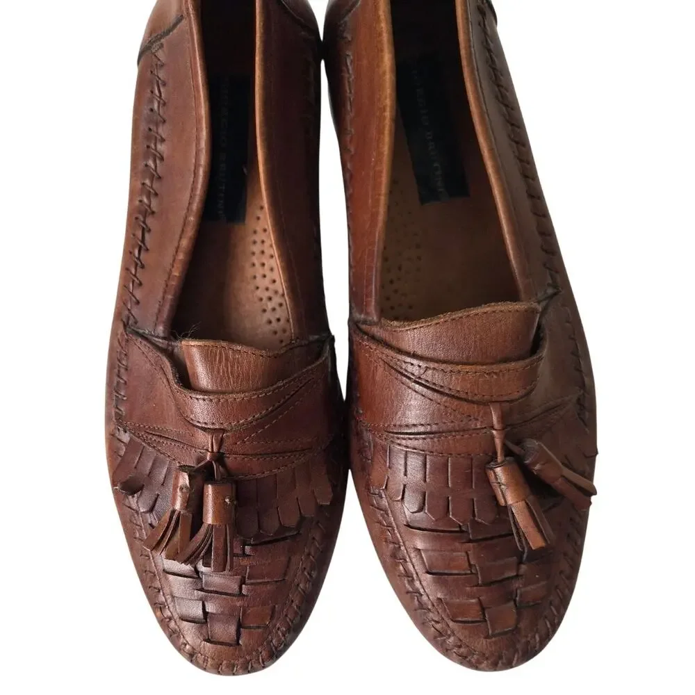 Vintage 90s Giorgio Brutini Brown Braided Woven Leather Tassel Loafers Mens 9.5